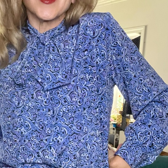 Pendleton Bow Tie detail Blue Pattern Print Secretary Blouse long sleeves - Picture 6 of 16